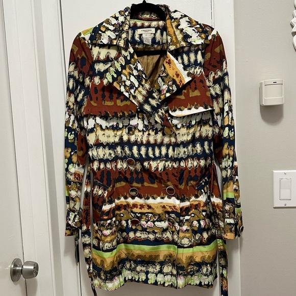 Vertigo Paris Trench Pea Coat Belted Lined Jacket Colorful Artsy Unique Women XS - Picture 1 of 11